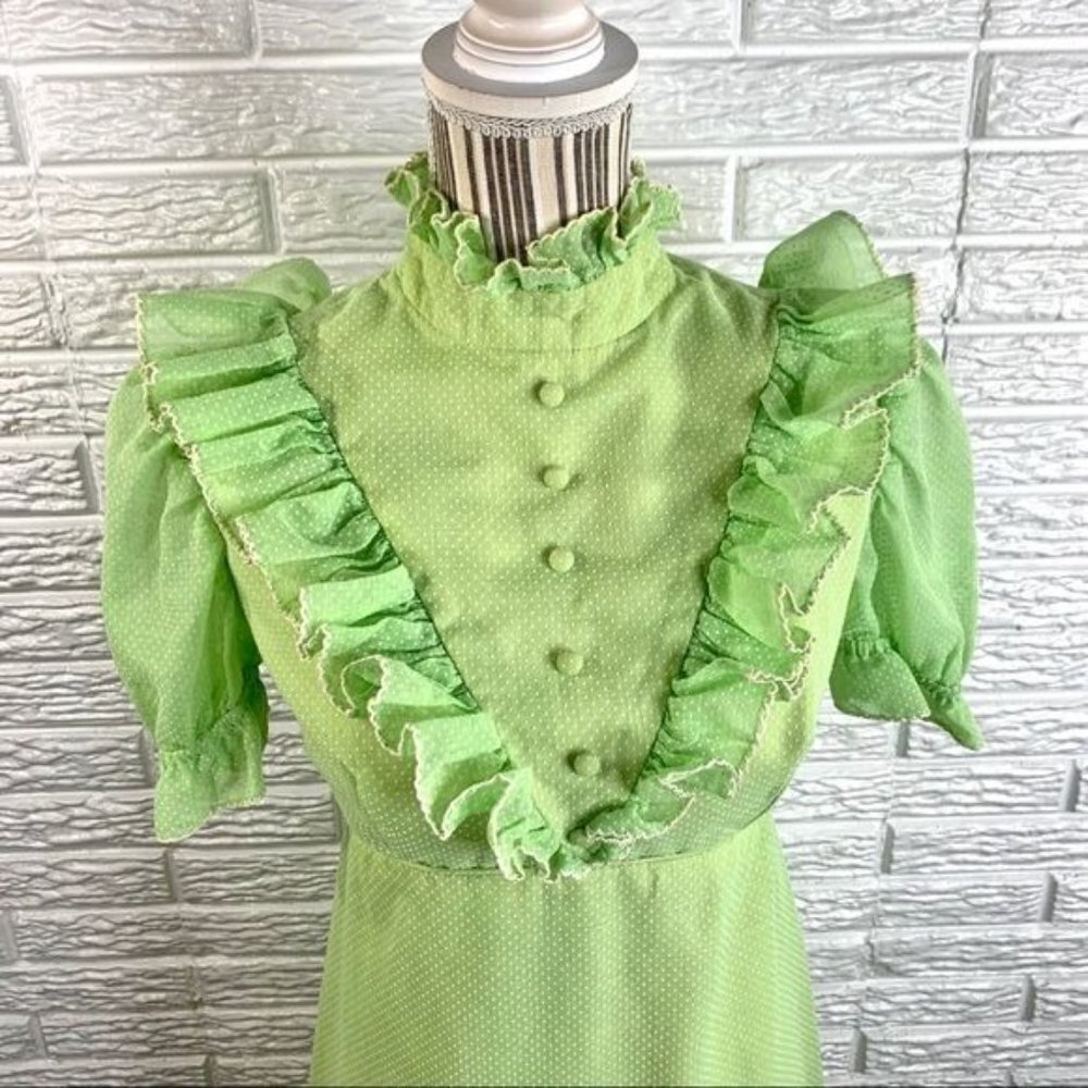 Vintage Green Polka Dot Ruffled Cottagecore Dress Size Small - Picture 4 of 9